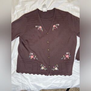 Vtg Koret brown floral embroidered cardigan sweater
